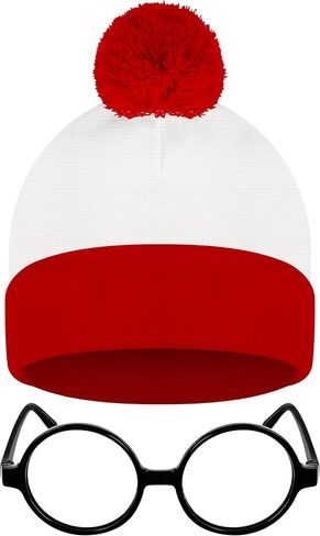 Halloween Costume Set, Red and White Stripes Hat Glasses Set, Halloween Beanie Black Glasses Costume Accessories in Saudi Arabia