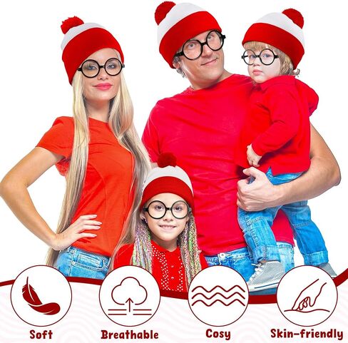 Halloween Costume Set, Red and White Stripes Hat Glasses Set, Halloween Beanie Black Glasses Costume Accessories in Saudi Arabia