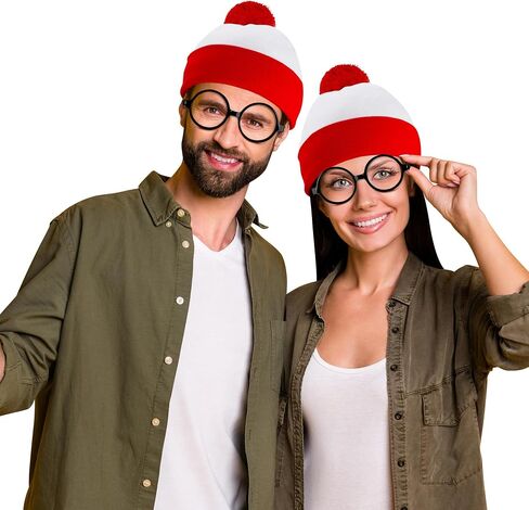 Halloween Costume Set, Red and White Stripes Hat Glasses Set, Halloween Beanie Black Glasses Costume Accessories in Saudi Arabia