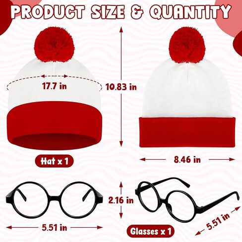 Halloween Costume Set, Red and White Stripes Hat Glasses Set, Halloween Beanie Black Glasses Costume Accessories in Saudi Arabia