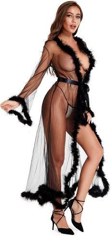 Women Sexy Tulle Robe with Feather Trim, Long Sleeve See Through Nightgown Bride Bathrobe Lingerie Bikini Cover Up in Saudi Arabia