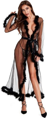 Women Sexy Tulle Robe with Feather Trim, Long Sleeve See Through Nightgown Bride Bathrobe Lingerie Bikini Cover Up in Saudi Arabia