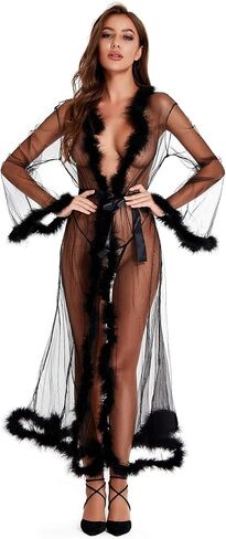 Women Sexy Tulle Robe with Feather Trim, Long Sleeve See Through Nightgown Bride Bathrobe Lingerie Bikini Cover Up in Saudi Arabia