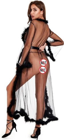 Women Sexy Tulle Robe with Feather Trim, Long Sleeve See Through Nightgown Bride Bathrobe Lingerie Bikini Cover Up in Saudi Arabia