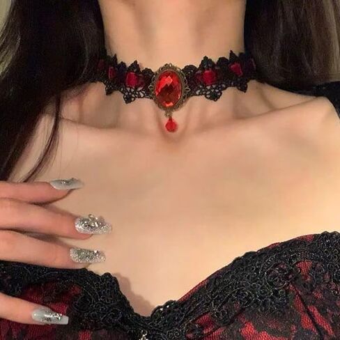 CLOACE Gothic Rhinestone Choker Necklace Halloween Lace Necklaces Vintage Costume Chain Jewelry for Women in Saudi Arabia