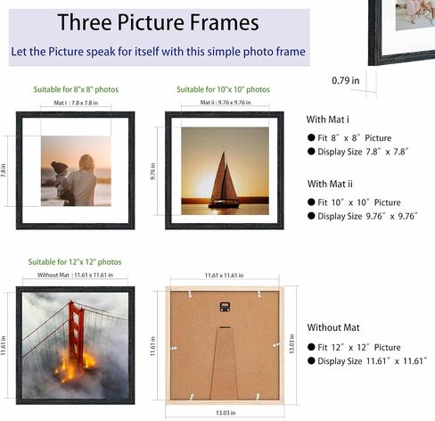 Metchite 12x12 Picture Frame Set,Solid Wood,Display Pictures 8x8 10x10 with Mat or 12x12 Without Mat,Stable Sturdy Square Hanging Picture Frames for Wall Mounting or Tabletop (Blue) in Kuwait