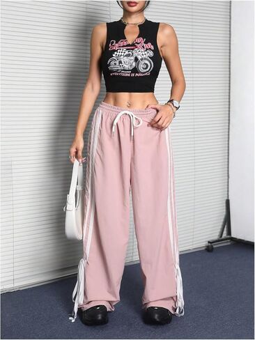 Women's Y2K Baggy Pants Bow Wide Leg Pants Striped Track Pants Elastic Waist Long Pants Sweatpants Parachute Pants in Saudi Arabia