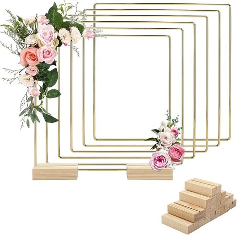 Worown 6 Pack 8 Inch Square Metal Floral Hoop Centerpiece and 12 Pieces Wooden Stands for Table, Gold Metal Rings for Making Wedding Table Wreath Decor, Wall Hanging Wreaths and Dream Catchers in Saudi Arabia