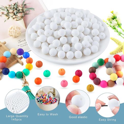 145Pcs Silicone Beads, 15mm Silicone Beads for Keychain Making Bulk Silicone Beads for Pens Silicone Beads 15mm for Bracelet Necklace DIY Crafts（White） in Saudi Arabia