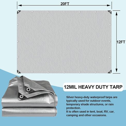 Tarps Heavy Duty Waterproof - 6x8FT Plastic Tarps with Grommets 12 Mil Silver Thick Protective Tarpaulin Covers for Outdoor Under Tent Camping Boat Patio Pool RV Pool in Saudi Arabia