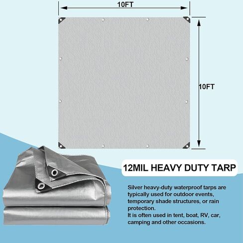 Tarps Heavy Duty Waterproof - 6x8FT Plastic Tarps with Grommets 12 Mil Silver Thick Protective Tarpaulin Covers for Outdoor Under Tent Camping Boat Patio Pool RV Pool in Saudi Arabia