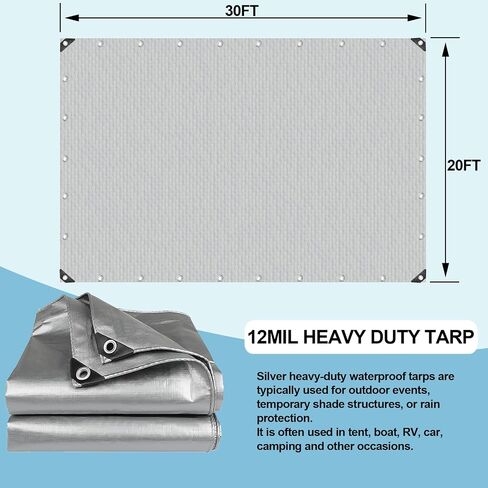 Tarps Heavy Duty Waterproof - 6x8FT Plastic Tarps with Grommets 12 Mil Silver Thick Protective Tarpaulin Covers for Outdoor Under Tent Camping Boat Patio Pool RV Pool in Saudi Arabia