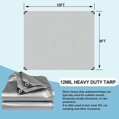Tarps Heavy Duty Waterproof - 6x8FT Plastic Tarps with Grommets 12 Mil Silver Thick Protective Tarpaulin Covers for Outdoor Under Tent Camping Boat Patio Pool RV Pool in Saudi Arabia