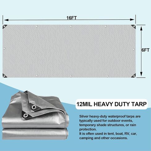 Tarps Heavy Duty Waterproof - 6x8FT Plastic Tarps with Grommets 12 Mil Silver Thick Protective Tarpaulin Covers for Outdoor Under Tent Camping Boat Patio Pool RV Pool in Saudi Arabia