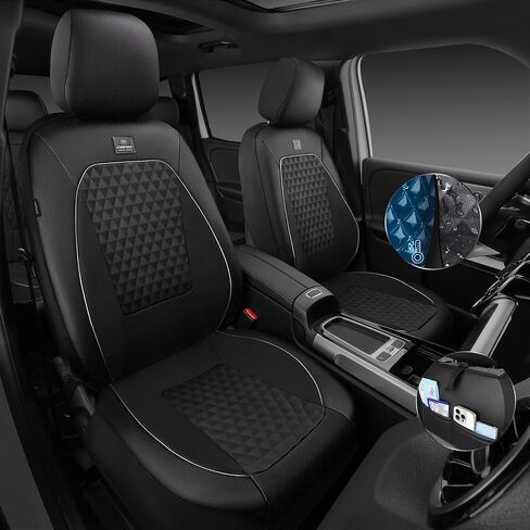 CAR PASS Leather Car Seat Covers Gel Wetsuit PU Front Seat Cover Waterproof EVA 2pcs All Weather Neoprene Universal Fit Pickup SUV Truck Sedan Automotive, Armrest Airbag Compatible, Rhombic Red Strips in Saudi Arabia