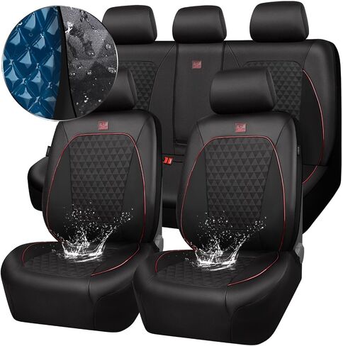 CAR PASS Leather Car Seat Covers Gel Wetsuit PU Front Seat Cover Waterproof EVA 2pcs All Weather Neoprene Universal Fit Pickup SUV Truck Sedan Automotive, Armrest Airbag Compatible, Rhombic Red Strips in Saudi Arabia