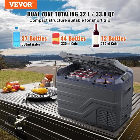 VEVOR Car Refrigerator, 25 L Dual Zone Portable Freezer, 12 Volt Car Refrigerator Fridge, -4℉-68℉ Adjustable Range, 12/24V DC and 100-240V AC Compressor Cooler for Outdoor, Camping, RV in Saudi Arabia