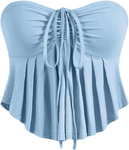OYOANGLE Women's Sleeveless Strapless Tube Tops Drawstring Ruched Front Ruffle Hem Bandeau Crop Tops in Saudi Arabia