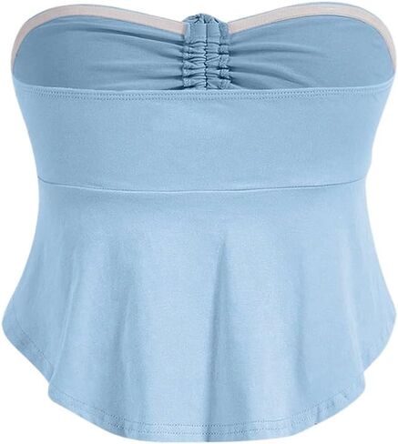 OYOANGLE Women's Sleeveless Strapless Tube Tops Drawstring Ruched Front Ruffle Hem Bandeau Crop Tops in Saudi Arabia
