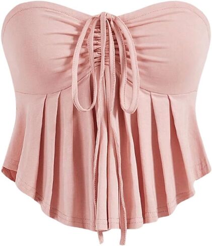 OYOANGLE Women's Sleeveless Strapless Tube Tops Drawstring Ruched Front Ruffle Hem Bandeau Crop Tops in Saudi Arabia
