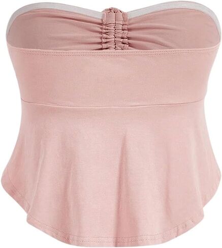OYOANGLE Women's Sleeveless Strapless Tube Tops Drawstring Ruched Front Ruffle Hem Bandeau Crop Tops in Saudi Arabia