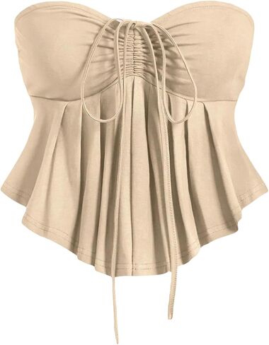 OYOANGLE Women's Sleeveless Strapless Tube Tops Drawstring Ruched Front Ruffle Hem Bandeau Crop Tops in Saudi Arabia