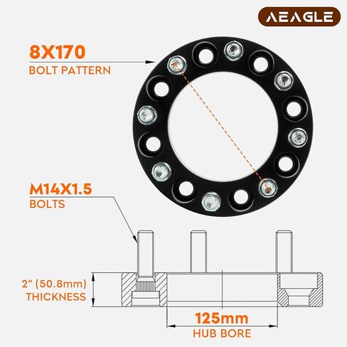 محولات عجلات 8x170، 2 بوصة لـ 2003-2023 Ford F250 F350 Super Duty، 8 فواصل عجلات مزورة مع مسامير M14x1.5 125 مم تتحمل قطعتين in Saudi Arabia