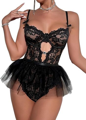 Lilosy Sexy Floral Lace Bow Mesh Sheer Skirt Plunge Rhinestones Teddy Bodysuit Babydoll Lingerie in Saudi Arabia