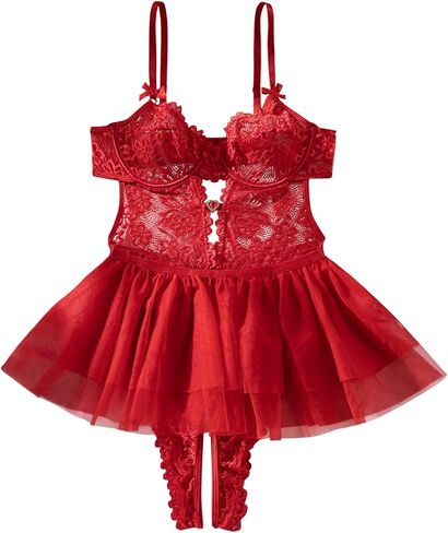 Lilosy Sexy Floral Lace Bow Mesh Sheer Skirt Plunge Rhinestones Teddy Bodysuit Babydoll Lingerie in Saudi Arabia