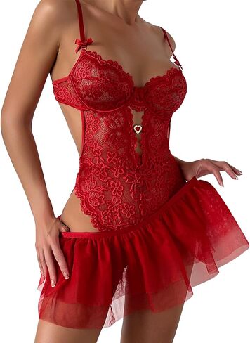 Lilosy Sexy Floral Lace Bow Mesh Sheer Skirt Plunge Rhinestones Teddy Bodysuit Babydoll Lingerie in Saudi Arabia