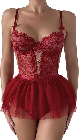 Lilosy Sexy Floral Lace Bow Mesh Sheer Skirt Plunge Rhinestones Teddy Bodysuit Babydoll Lingerie in Saudi Arabia