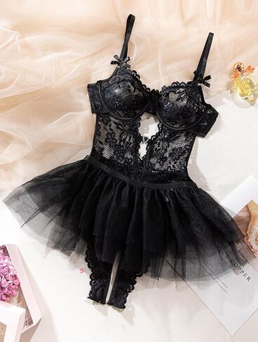 Lilosy Sexy Floral Lace Bow Mesh Sheer Skirt Plunge Rhinestones Teddy Bodysuit Babydoll Lingerie in Saudi Arabia