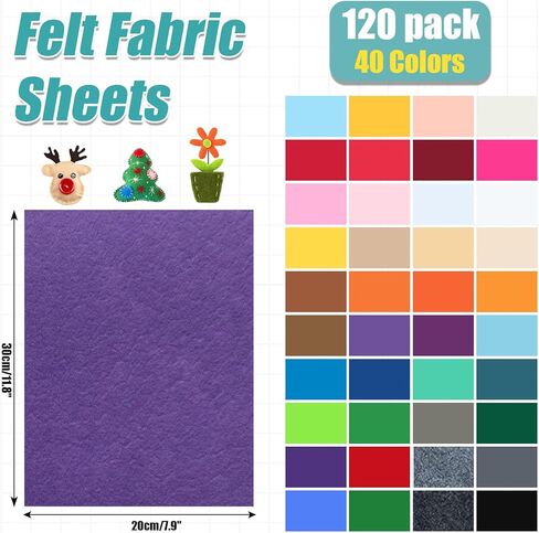 40 حزمة من ملاءات قماش اللباد - 8 × 12 بوصة بألوان متنوعة غير منسوجة - أوراق قماش لباد سميكة 1 مم لتزيين الخياطة الفنية بنفسك in Kuwait