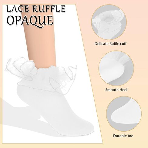 KALIONE 3 Pairs White Ruffle Socks Big Girls Socks with Frilly for Women Cute Ruffle Socks White Lace Socks Ruffle Socks Woman Thin Frilly Socks Princess Style Ankle Socks for Dress(7.0-7.8inch) in Saudi Arabia