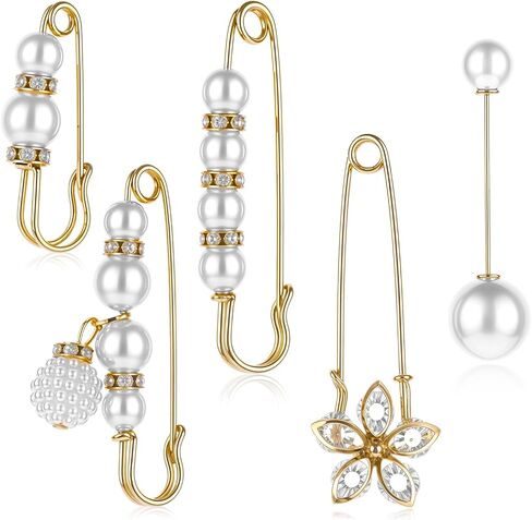 5Pcs Safety Pins for Clothes Pearl Brooch Pant Waist Tightener Large Brooch Accessories Gold Small Safety Pin for Women Sweater Shawl Collar Dresses Cardigan Clips Set for Jewelry Decoration in Saudi Arabia