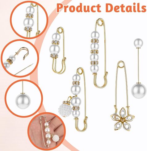 5Pcs Safety Pins for Clothes Pearl Brooch Pant Waist Tightener Large Brooch Accessories Gold Small Safety Pin for Women Sweater Shawl Collar Dresses Cardigan Clips Set for Jewelry Decoration in Saudi Arabia