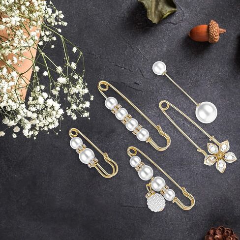 5Pcs Safety Pins for Clothes Pearl Brooch Pant Waist Tightener Large Brooch Accessories Gold Small Safety Pin for Women Sweater Shawl Collar Dresses Cardigan Clips Set for Jewelry Decoration in Saudi Arabia