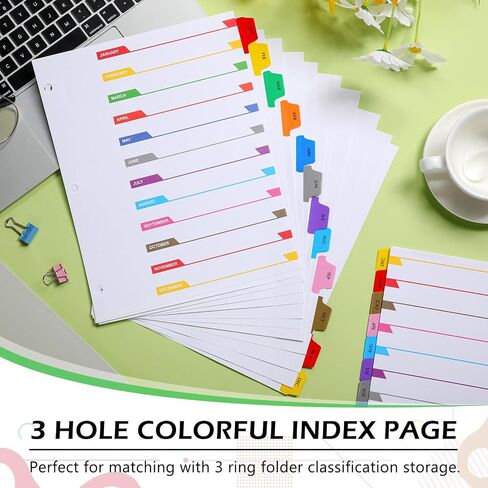 3 Sets 3 Ring Binder Dividers with Tabs 12 Month Dividers for Binders, Customizable Table of Contents Page Mouth Dividers with Multicolor Tabs in Saudi Arabia