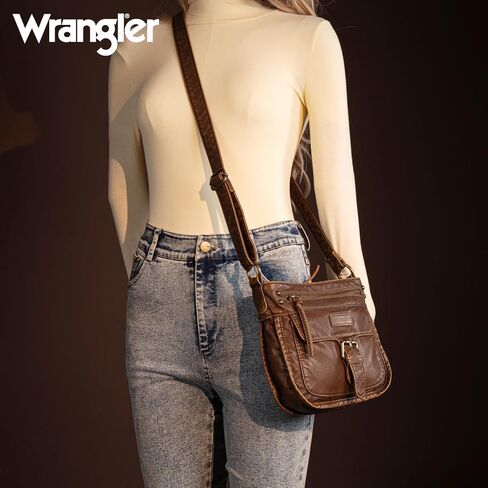 Wrangler Crossbody Bag for Women Soft Washed Leather Multi Pocket Shoulder Purses in Saudi Arabia
