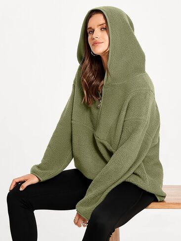 Glamaker Women's Oversized Sherpa Hoodies Fuzzy Fleece Quarter Zip Pullover Sweatshirts Fall Outfits With Pockets in Saudi Arabia