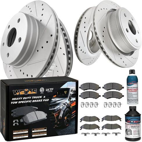 WEIZE Front +Rear Truck & Tow Brake Kit, Carbon Fiber Ceramic Brake Pads & Drilled/Slotted Brake Rotors, with Cleaner Fluid, Fit for Dodge Ram 1500 2006-2018, Durango Chrysler Aspen in Saudi Arabia