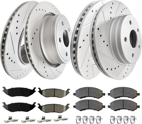 WEIZE Front +Rear Truck & Tow Brake Kit, Carbon Fiber Ceramic Brake Pads & Drilled/Slotted Brake Rotors, with Cleaner Fluid, Fit for Dodge Ram 1500 2006-2018, Durango Chrysler Aspen in Saudi Arabia