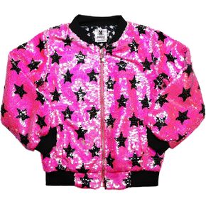 Rebelde Planet – Girls Hot Pink Sequin Bomber Jacket with Black Stars Flip Sequin, Side Pockets, Metallic Zipper with Silver Star Slider, Elastic Ribbed Cuffs and Waist - Sparkle Long Sleeve for Kid