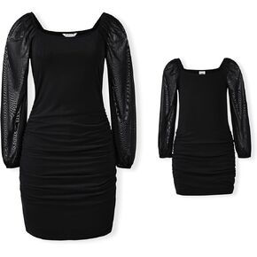 PATPAT Womens Girls Long Sleeve Square Neck Mini Dress Slim Fit Mesh Ruched Bodycon Dresses All Season Gear