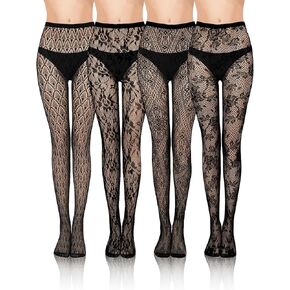 4 Pairs Tights Fishnet Stockings Floral Pantyhose Stockings Leggings Lace Tights for Women Girls Halloween