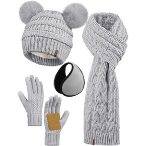 Aneco Women Winter Beanie Hat Scarf Gloves Set Warm Fleece Cap with PomPom Knit Anti-Slip Touchscreen Gloves for Cold Weather
