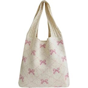 Crochet Tote Bag for Women, Bow Aesthetic Knitted Tote Bag Boho Shoulder Bag Handbag, Cute Travel Tote Bag