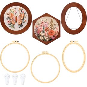 Vercraft 3 Set Embroidery Hoop Frame 8 Inch Decorative Wood Embroidery Frame with 8 Inch Cross Stitch Hoop for Display Finished DIY Art Craft Hanging Sewing Ornaments, Round, Hexagon, Oval