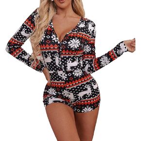 Piacakece Women Christmas Pajamas One Piece Bodycon Romper Shorts Plaid Print V-neck Long Sleeve Jumpsuit Pjs Playsuit …
