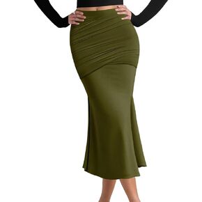 SEBOWEL Women Bodycon Ruched Skirt Shirring High Waist Casual Long Pencil Skirts Stretchy Midi Ruffle Club Party Skirt